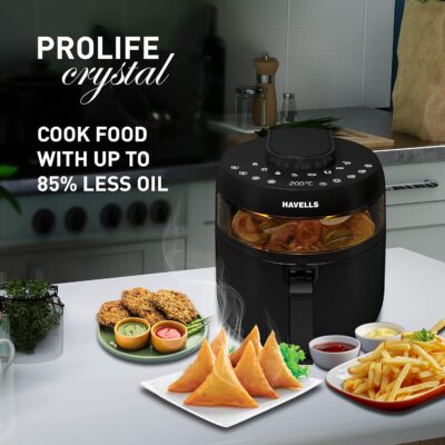 Havells Air Fryer Prolife Crystal | 1500W | 5L | Digital Touch Control| 8 Pre-sets | Aerocrisp Technology for 85% Less Oil Cooking | Dehydrator Mode | Auto-Shutoff | See-Through Window | 2-Yr Warranty