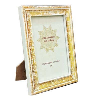 WOOD CREATIONS HOME Hand-Carved Mango Wood Photo Frame 7x5 Inch – White Gold Foil Finish, Table & Wall Display