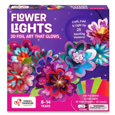 Chalk and Chuckles Flower Lights- DIY 3D Foil Art and Craft Kit for Girls 9-12, Make LED String with 10 Bulbs, Mess Free Festival Activity & Diwali Room Decor, Birthday Gift for Kids Age 8+
