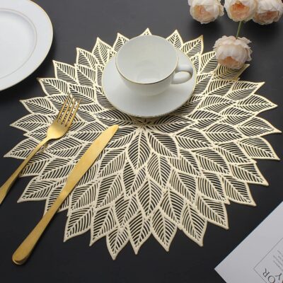 HomeCloud Table mat Round Shape| Table mat Round | Cutwork Design mat | Dining Table mats | Dressing Table MATS | Bed Side Table mats (Flower_Gold, 1)