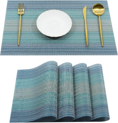 Easy to Clean Non-slip Heat Resistant Dining Table Place Mats,PVC Tap Set Heat Resistant Placemats Stain-resistant,Washable Kitchen Dinner Table Place Mats,Easy To Dry (Ombre Blue, Set of 4pcs)