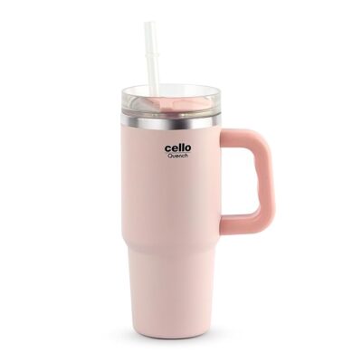 CELLO Quench Pro 900 Double Wall Insulated Tumbler with Handle and Straw 880 ml, Pink | ISI Certified Vacuum Insulated Cup Holder Friendly Hot and Cold Stainless Steel Mug | for Office, Car & Travel